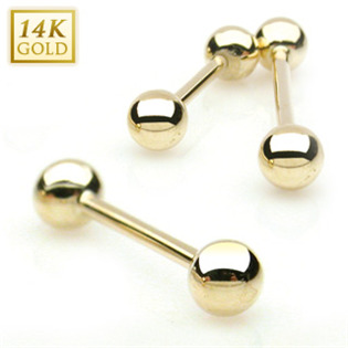 Zlatý piercing do jazyka 1,6 x 16 mm, kuličky 5 mm -  Au 585/1000