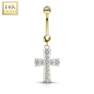Zlatý piercing do pupíku - kříž, Au 585/1000