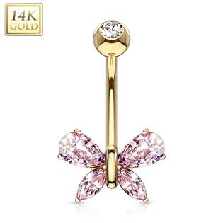 Zlatý piercing do pupíku - motýlek s růžovými zirkony, Au 585/1000